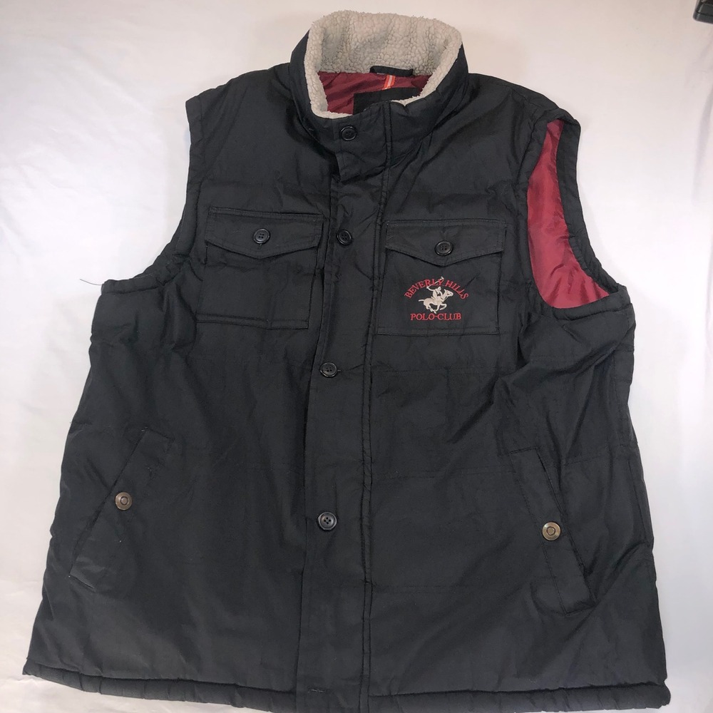 Beverly Hills Polo Club Mens Puffer Vest Black Sherpa Collar XL Red Lining